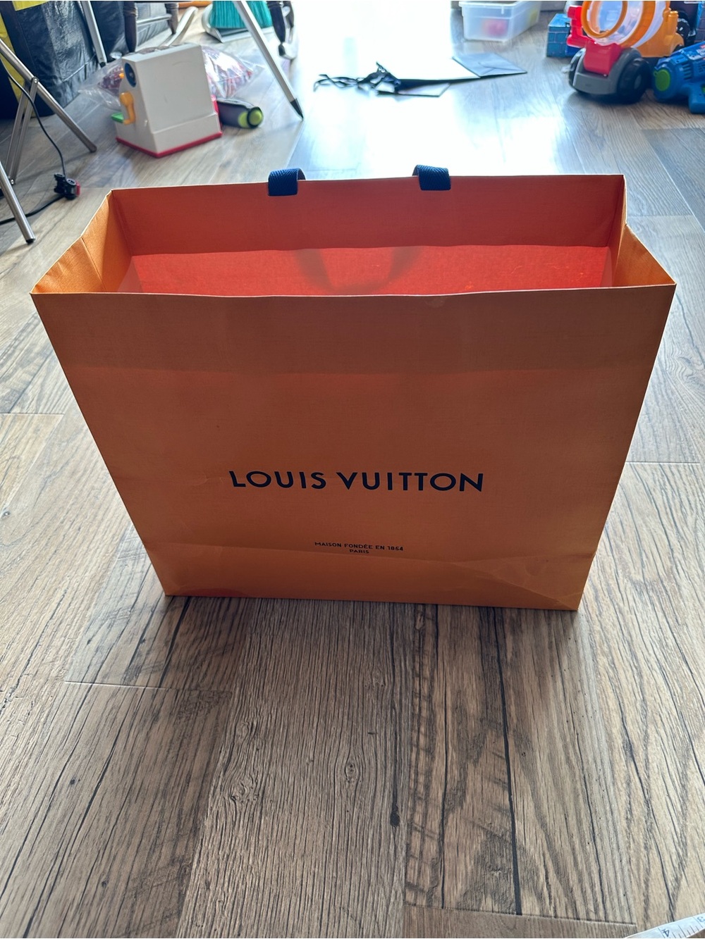 Louis Vuitton Orange Paper Shopping Bag with Blue Handles